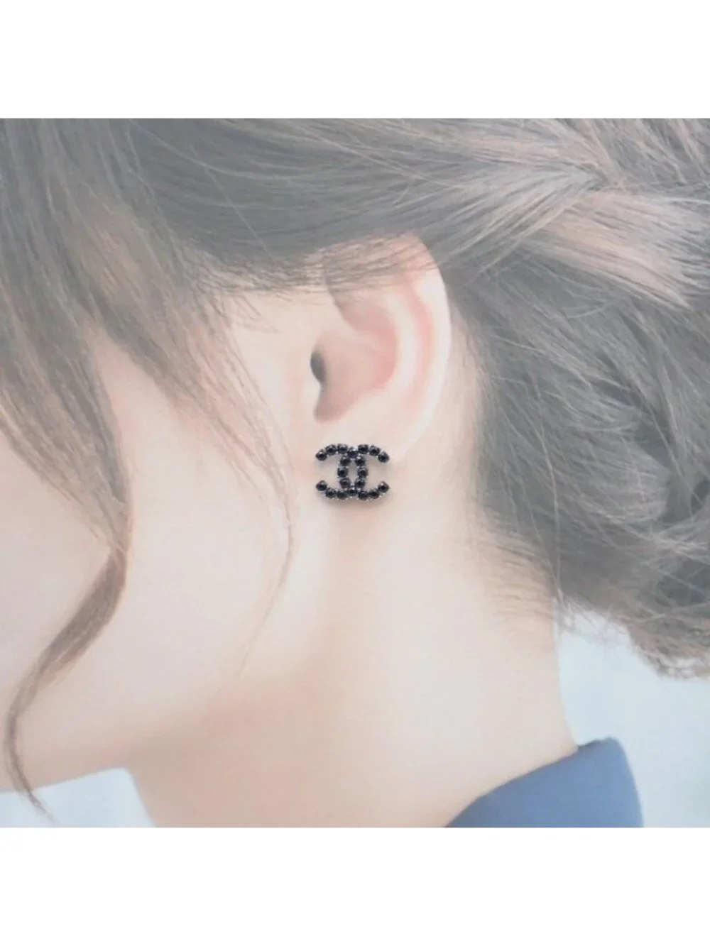 Chanel CC Logo Earrings 18 Metal Crystal Black Coco Silver Simple Rhinestone
